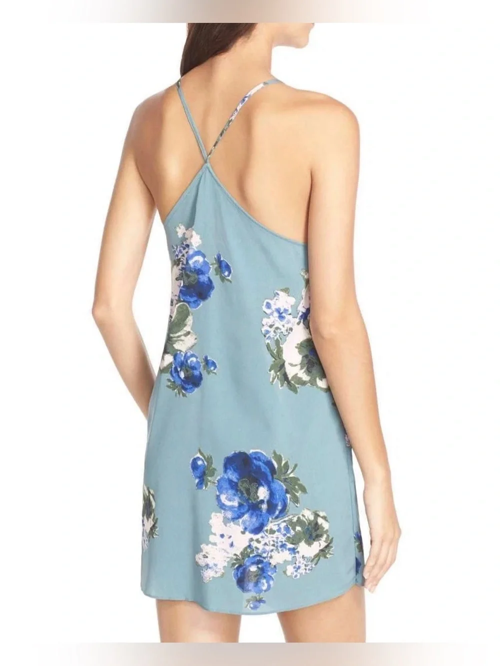 Free People Intimately Cascades Floral Chiffon Mini Slip Dress Slate Blue L